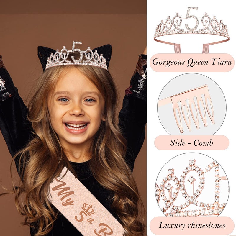 Awfrky 5th Birthday Decorations Girl  Including 5 year old Birthday Cake Topper  Birthday Queen Sash with Pearl Pin  Sweet Rhinestone Tiara Crown  Number Candles and Balloons Set  Rose Gold - Image 3